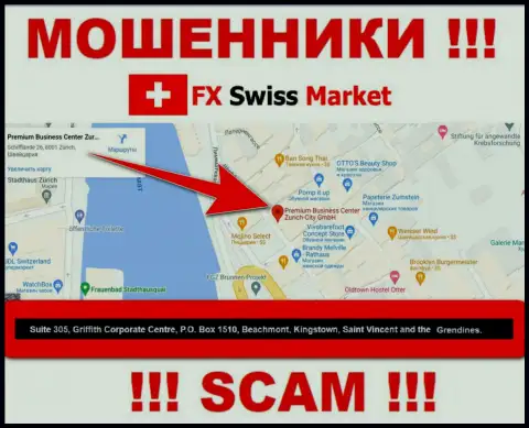 Компания FX SwissMarket пишет на информационном сервисе, что расположены они в оффшоре, по адресу: Suite 305, Griffith Corporate Centre, P.O. Box 1510,Beachmont Kingstown, Saint Vincent and the Grenadines