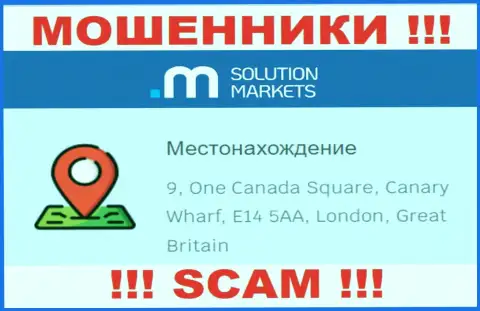 На веб-портале Solution Markets нет реальной инфы об юридическом адресе компании - это МОШЕННИКИ !!!