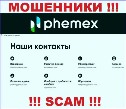 Не общайтесь с мошенниками Пхемекс Лимитед через их адрес электронного ящика, предоставленный у них на веб-сервисе - облапошат