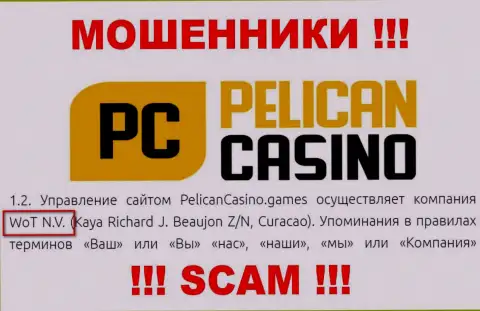 Юр. лицо конторы PelicanCasino Games - это WoT N.V.