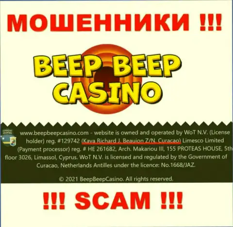 BeepBeepCasino - преступно действующая организация, которая прячется в оффшоре по адресу Kaya Richard J. Beaujon Z/N, Curacao