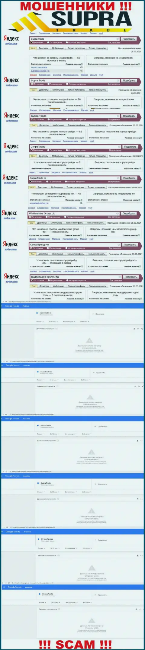 Онлайн запросы по бренду жуликов Supra Trade в поисковиках глобальной сети интернет