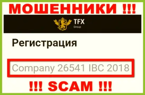 Номер регистрации, который принадлежит противоправно действующей организации TFX FINANCE GROUP LTD: 26541 IBC 2018