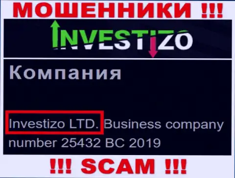 Данные о юридическом лице Investizo на их официальном веб-портале имеются - это Investizo LTD