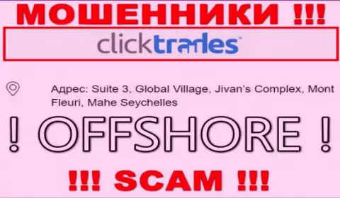 В организации Click Trades безвозвратно прикарманивают денежные вложения, т.к. сидят они в офшоре: Suite 3, Global Village, Jivan’s Complex, Mont Fleuri, Mahe Seychelles