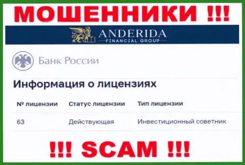 АндеридаГруп Ком утверждают, что имеют лицензию от Центрального Банка России (сведения с ресурса мошенников)