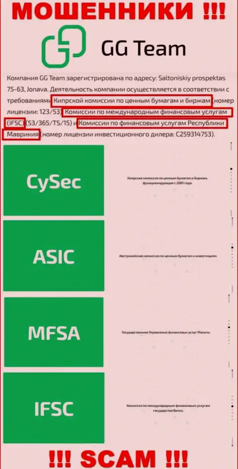 Регулирующий орган - ASIC, точно также как и его подлежащая контролю компания GG-Team Com - это МОШЕННИКИ