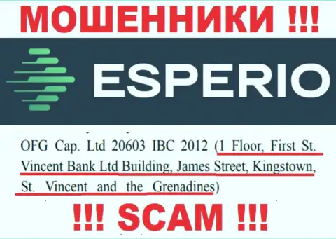 Жульническая контора Esperio пустила корни в офшоре по адресу - 1 Floor, First St. Vincent Bank Ltd Building, James Street, Kingstown, St. Vincent and the Grenadines, будьте внимательны