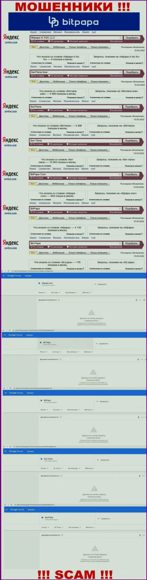 Количество поисковых запросов в поисковиках всемирной сети Интернет по бренду мошенников БитПапа Ком