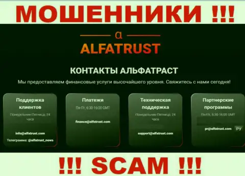 Хотим предупредить, что довольно-таки опасно писать письма на электронный адрес интернет мошенников ALFATRUST LTD, можете остаться без кровно нажитых