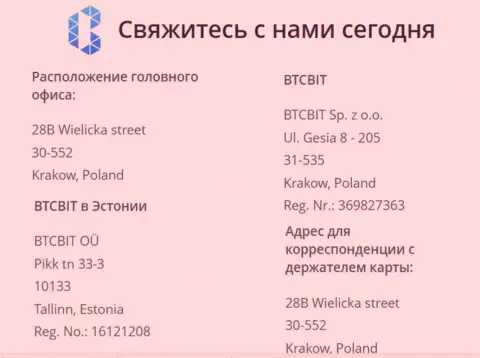 Юридический адрес криптовалютной обменки BTCBit и месторасположение офиса криптовалютного online-обменника в Эстонии, городе Таллине