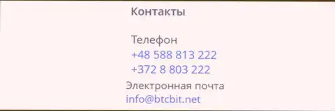 Номера телефонов и адрес электронного ящика интернет обменника BTC Bit