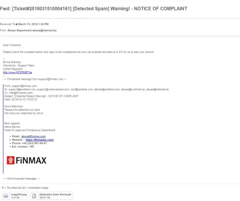 Схожая претензия на web-сайт FiNMAX пришла и регистратору домена